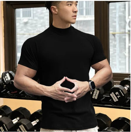 New autumn and winter fitness brothers sports men's T-shirt de velvet round neck running short sleeve men high neck casual shirt