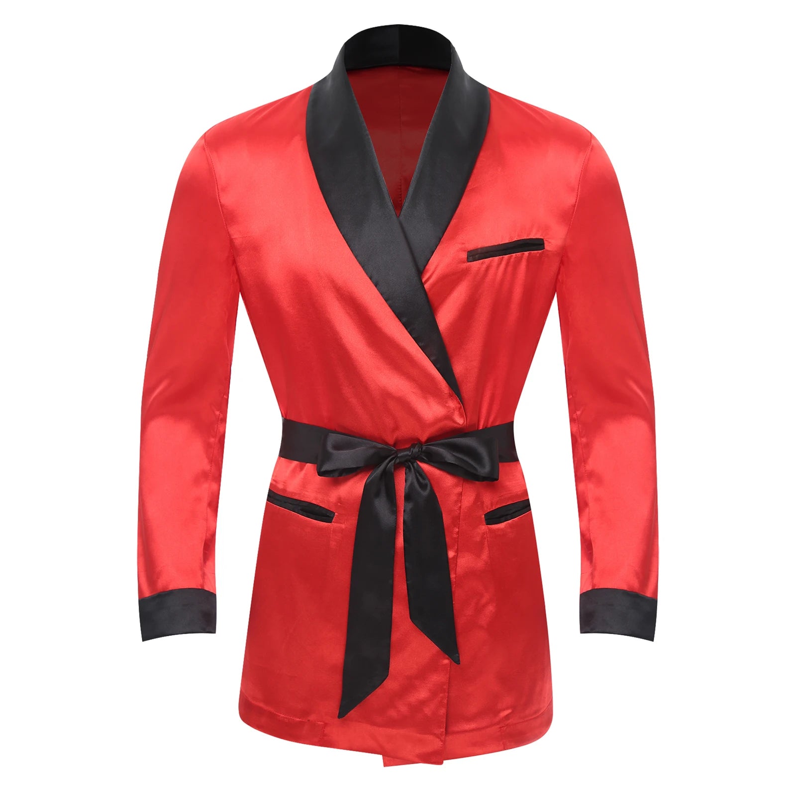 Mens Sleepwear Jacket Robe with Belt Pajamas Top Lapel Long Sleeve Side Pockets Bathrobe Nightwear/ Loungewear