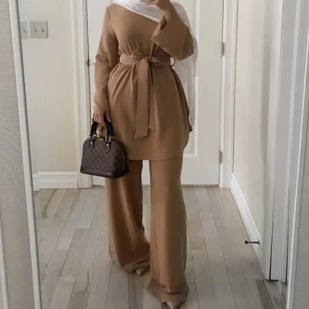 Two-pieces Abaya Turkish Kimono Tops Pants Muslim Dress Abayas Hijab Robe Dubai Caftan Kaftan Islam Clothing For Women Fashion