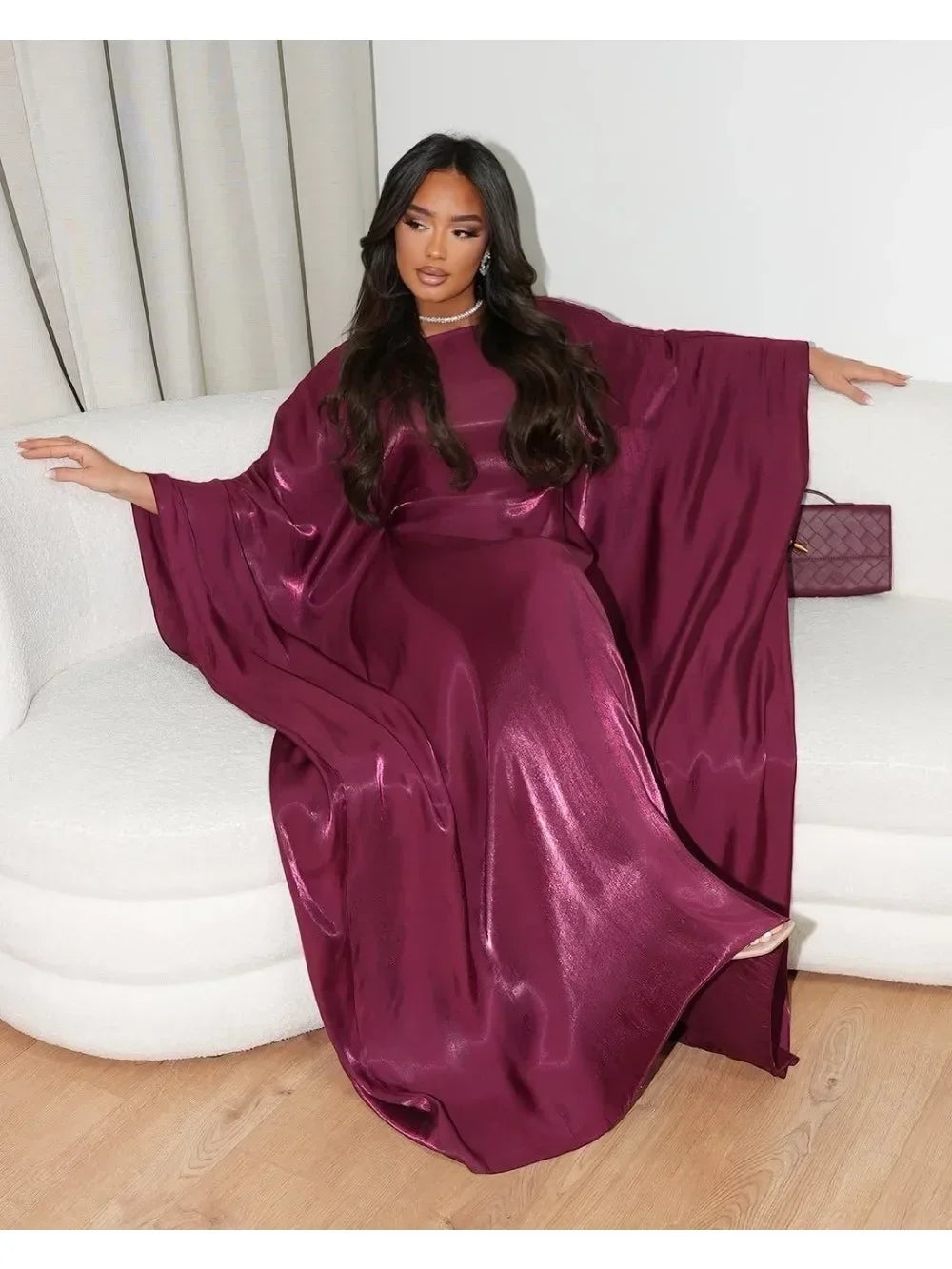 Rose Dress Shiny Batwing Satin Maxi Abaya Dubai Luxury 2025 Femme Long Robes
