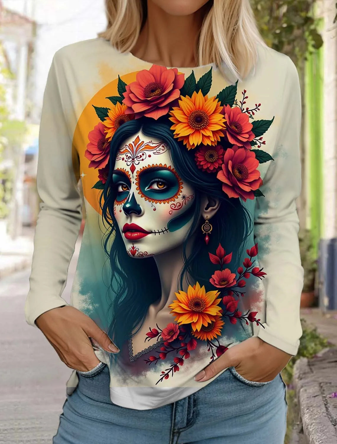 Sugar Skull Pattern Womens Long Sleeve Shirt Day of the Dead Shirts Fashion 3D Printed Tops Summer Gothic style Women's Clothing
