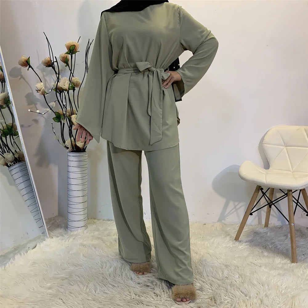 Two-pieces Abaya Turkish Kimono Tops Pants Muslim Dress Abayas Hijab Robe Dubai Caftan Kaftan Islam Clothing For Women Fashion
