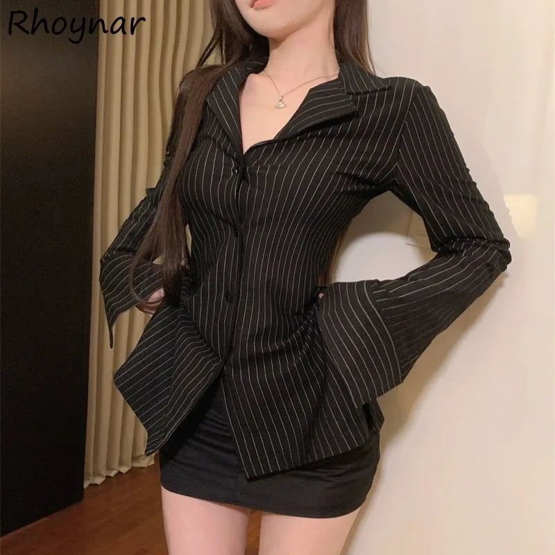 Striped Turn-down Collar Shirts Women Autumn Sexy Ladies Slim Fit Tops Long Sleeve Retro Fashion All-match Korean Style Popular