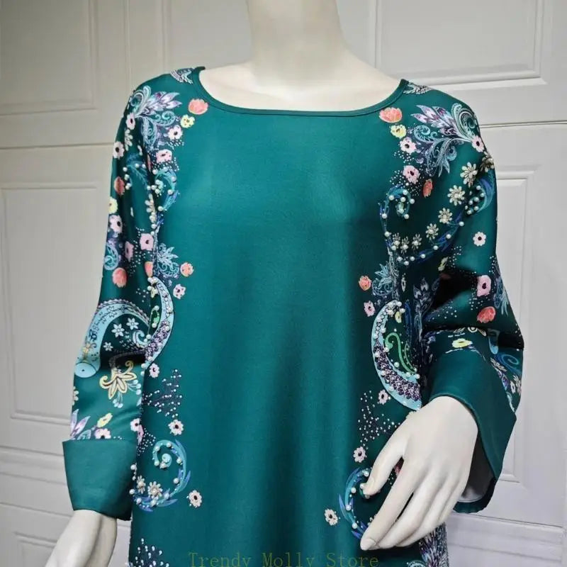Women Kaftan Dress Full Length Print Rhinestones Pearls Embroidered Dress