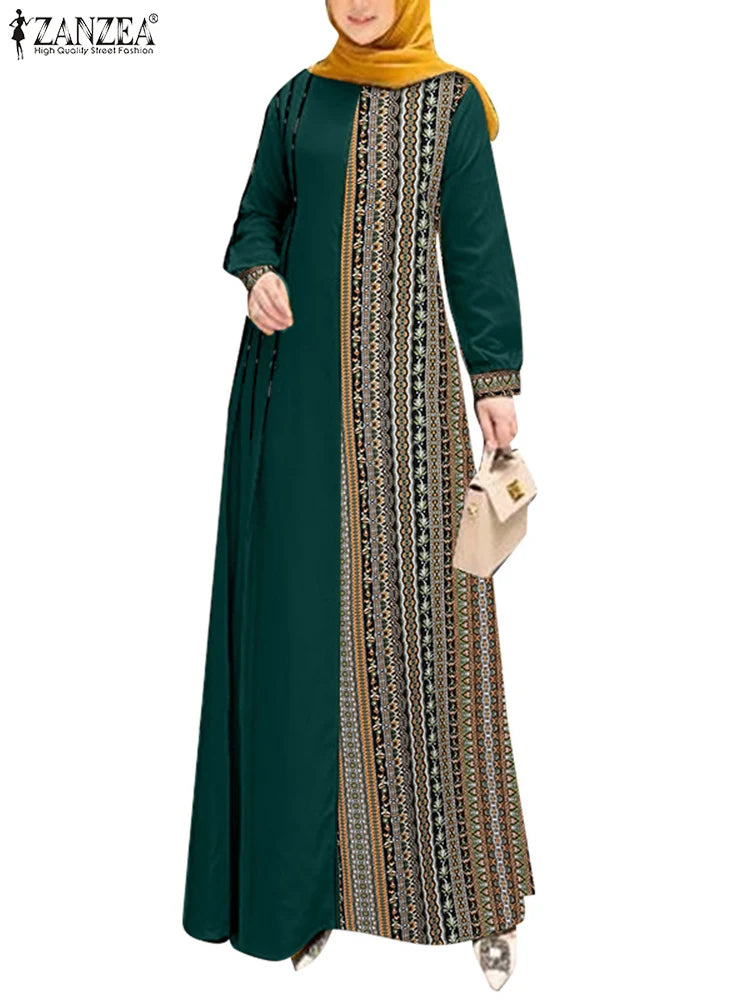 ZANZEA Women Ethnic Printed Panels Maxi Dress Long Sleeve Hijab O Neck   Patchwork  Loose Casual Abaya Robe