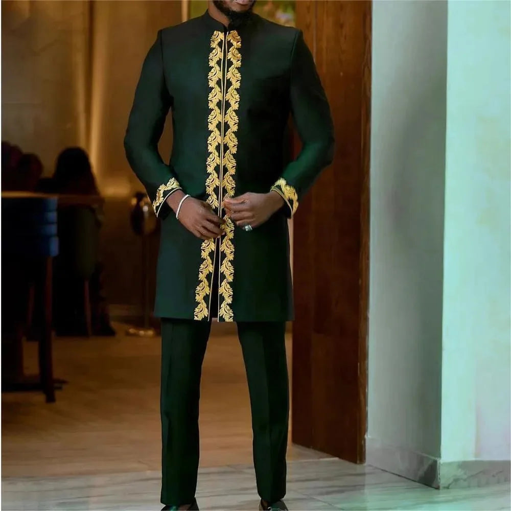 Mans Tracksuits Suits Set Kaftan Embroidered Long Sleeve Tops Pants 2Pcs Set Outfits Wedding Wear African Ethnic Casual Clothing