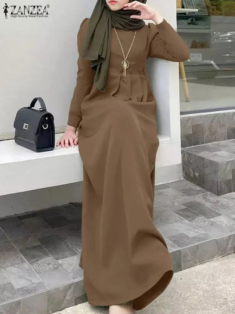 ZANZEA Women's Long Dress Spring Full Sleeve O-Neck Solid Sundress Casual Loose Elegant Robe