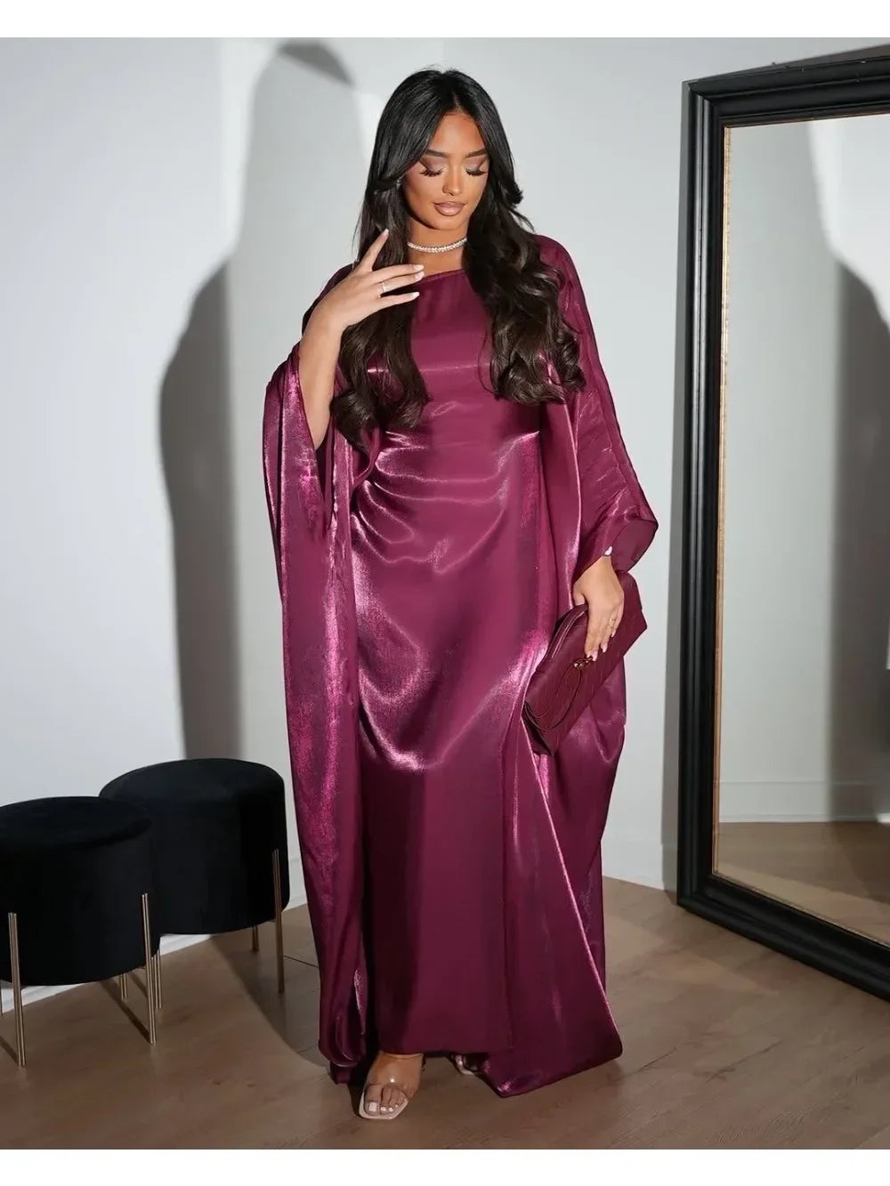 Rose Dress Shiny Batwing Satin Maxi Abaya Dubai Luxury 2025 Femme Long Robes
