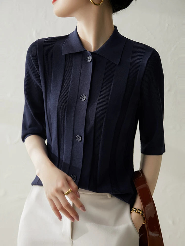 Turn-Down Collar Tee Shirt Femme Korean Fashion Clothing Button Tshirts For Women Short Sleeve 2025 Summer Cardigan Knitted Tops