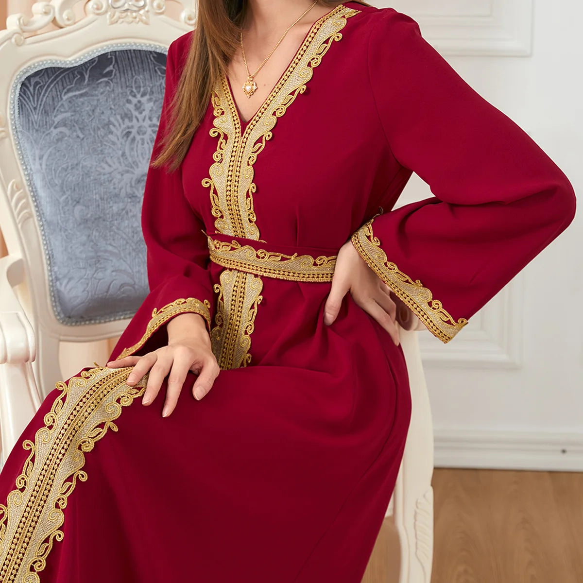 Women's Abaya Clothing Pure Color Splicing Basic Loose Embroidered Long Skirt Long Sleeve Dress