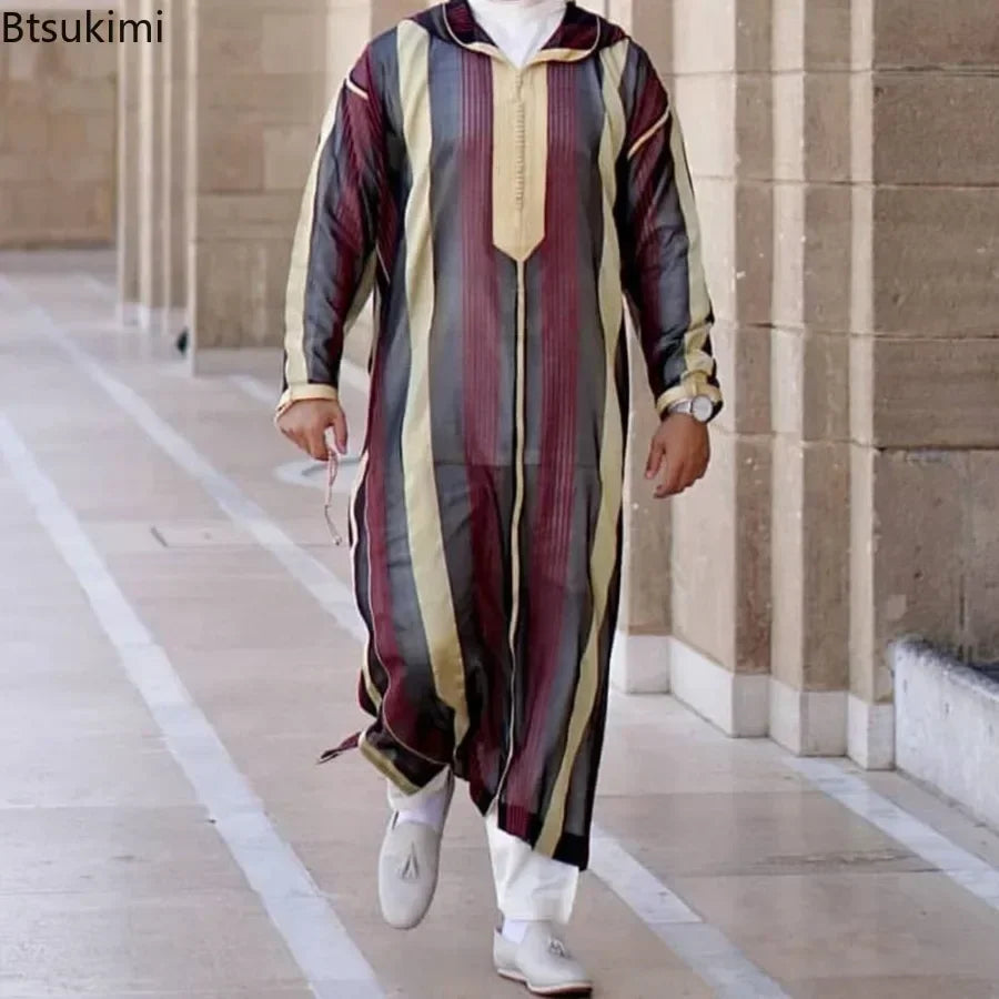 New 2025 Islamic Clothing Men Robe Kaftan Muslim Man Moroccan Casual Long Dress Arabic Striped Robe Middle East National Costume