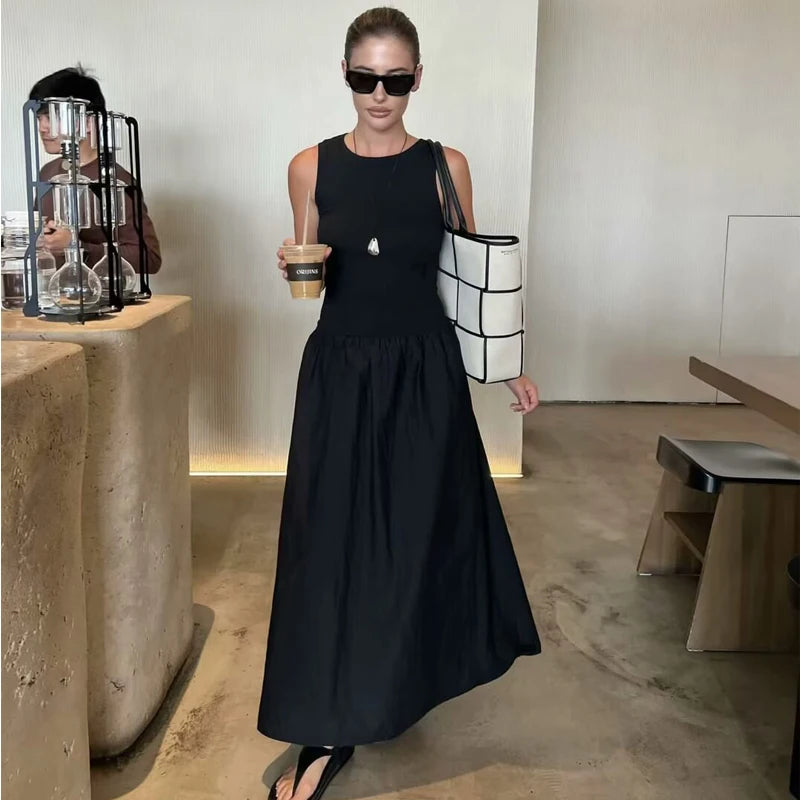 MUJER Black Pleated Long Dresses for Women Knitted Sleeveless Maxi Dress Woman Vintage Party Womens Dresses Spring Casual Dress