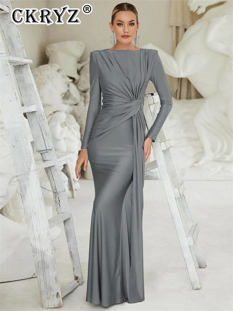 Ladies Elegant Evening Party Dress Women Long Sleeve O-Neck Ruched Fashion Long Dresses Woman Night Club Streetwear Fall Outfit