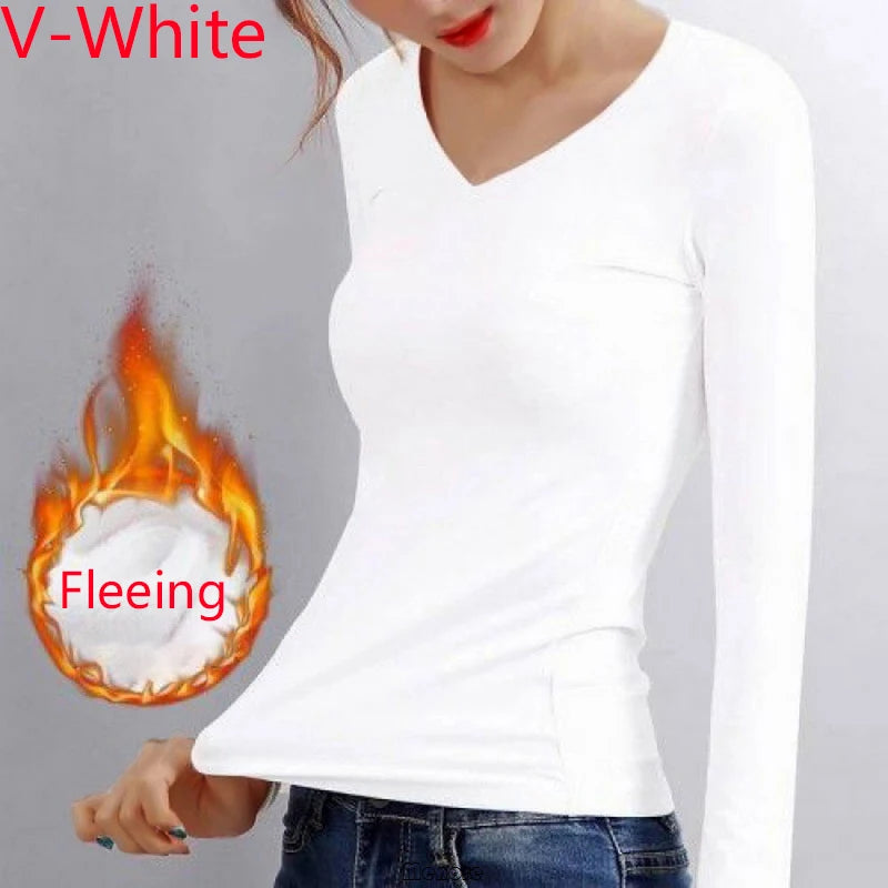 Winter Bottoming Shirt Women Thermal Underwear Solid Color German Velvet Long-Sleeved Basic T-Shirt Heating Fiber Thermal Top