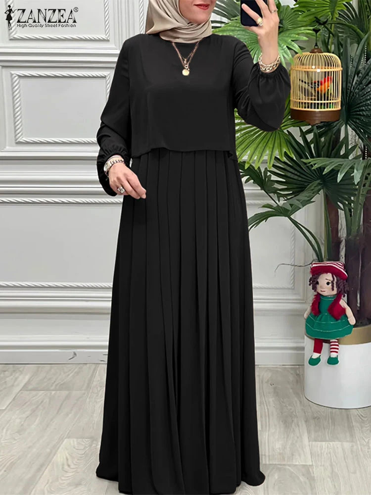Women Autumn Patchwork Dresses 2025 ZANZEA  Abaya Robe Femme Elegant Long Sleeve Solid Pleated Sundress Clothing