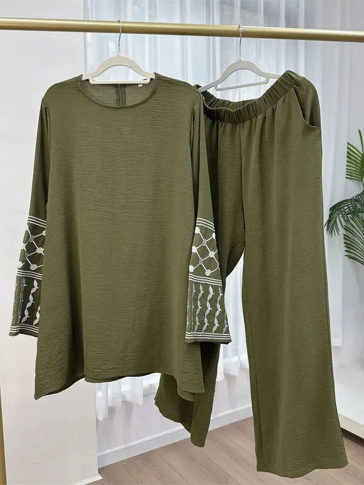 Eid Plain 2 Piece Abaya Set Tops Pants Sets Abayas For Women Clothing Robe  Femme