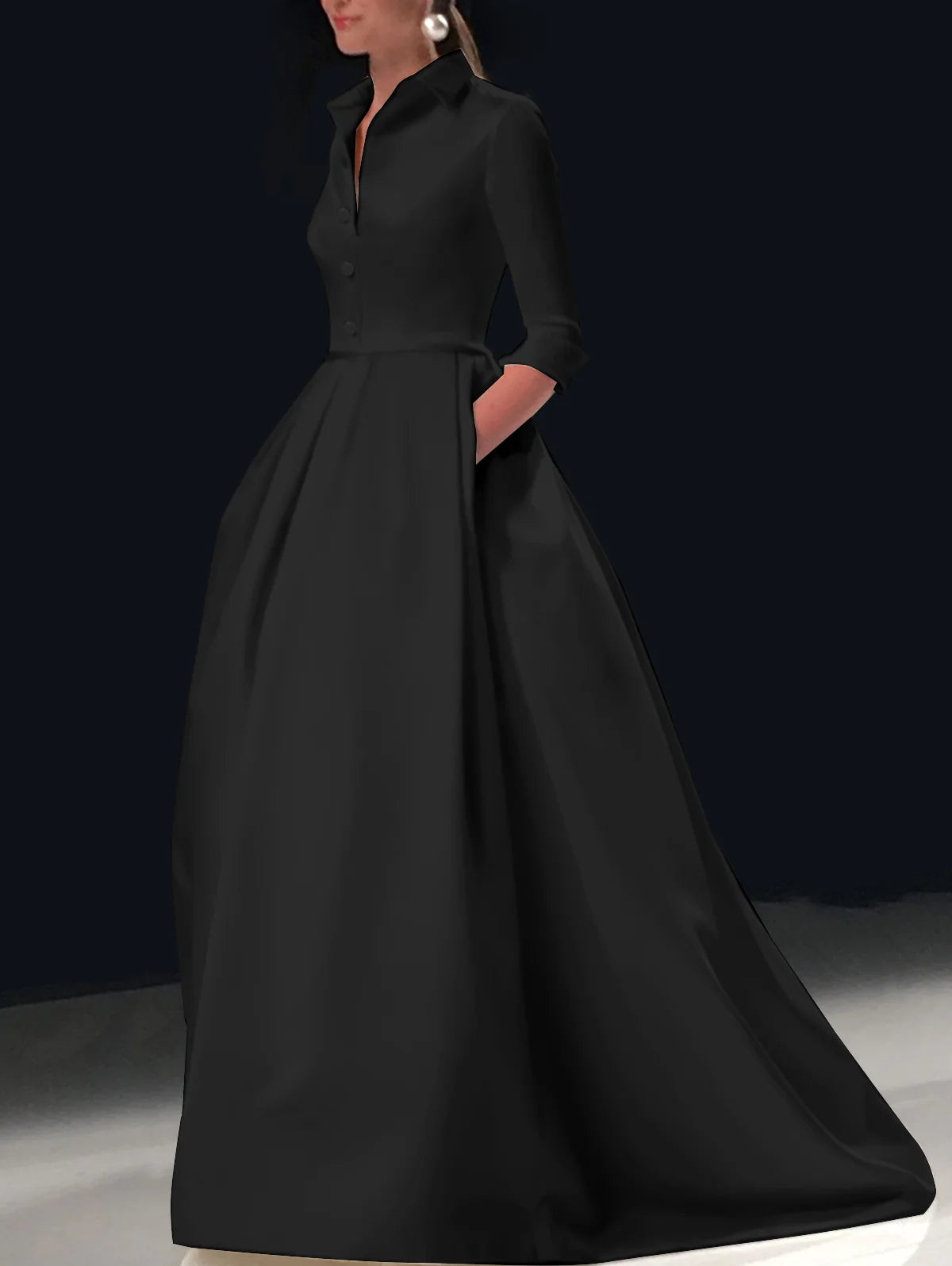 Fashion Elegant Long Dress for Women Solid Color Party Evening Bridesmaid Pockets Turndown Collar Maxi Dress Vestidos de gala