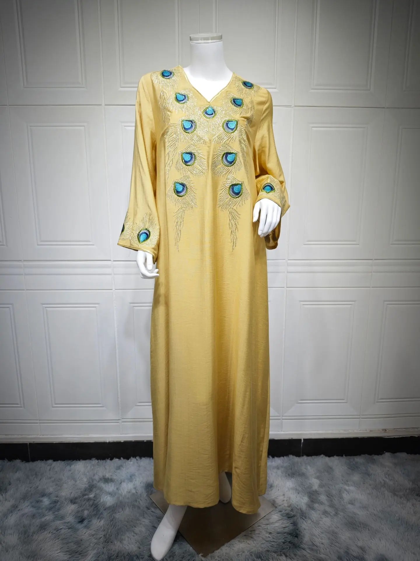 Elegant Women Evening Dress Solid V-Neck abaya Long Sleeve
