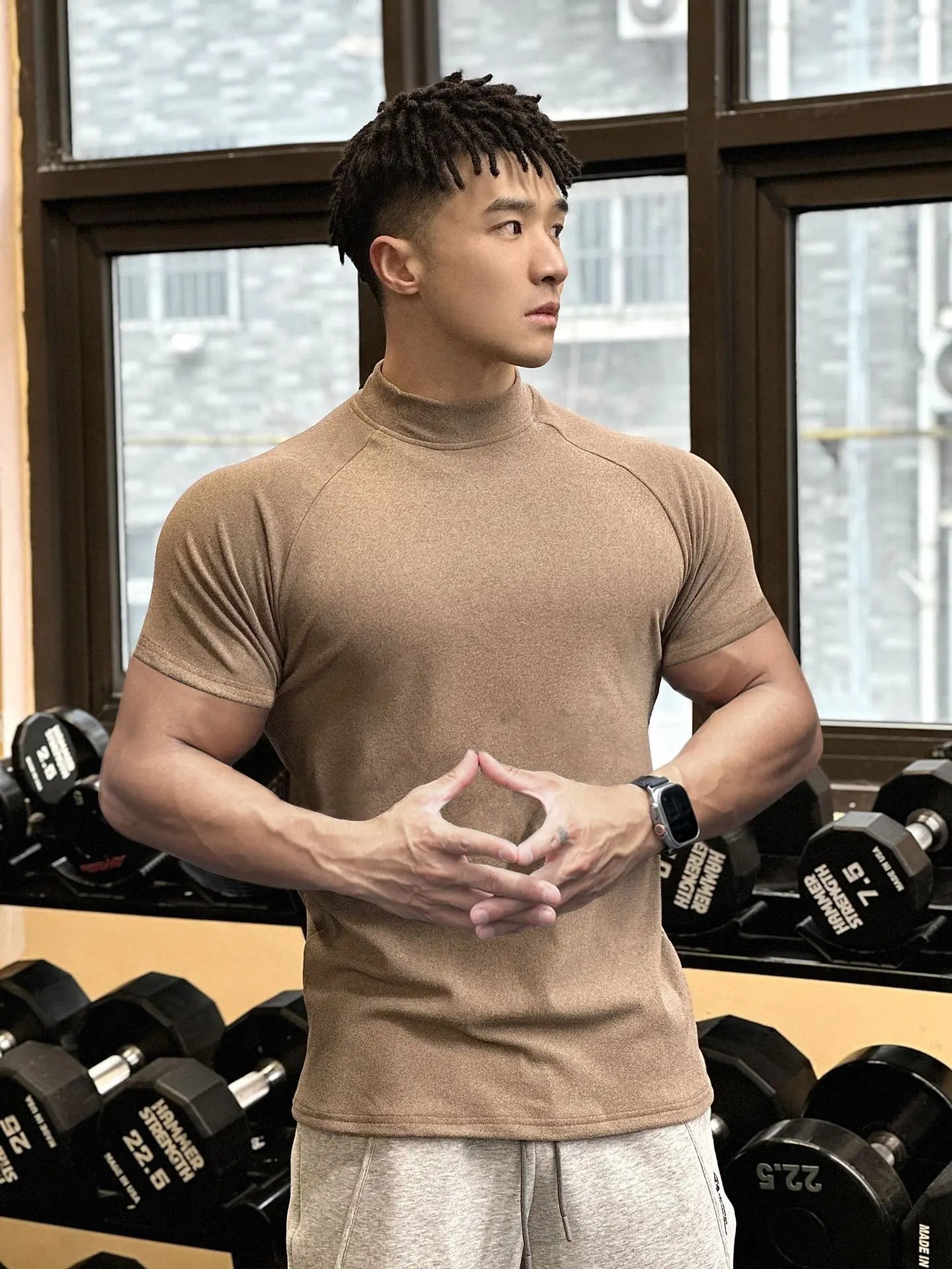 New autumn and winter fitness brothers sports men's T-shirt de velvet round neck running short sleeve men high neck casual shirt
