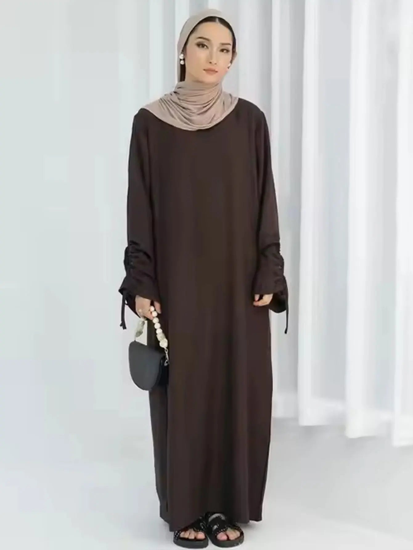 Women Abaya Lace-up Sleeve  Casual Prayer Kaftan Long Robe