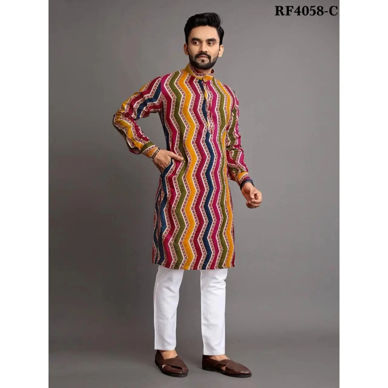 2025 Men Digital Printed Kurta Shirt Regular Fit Mandarin Collar Long Suitable All Occasions