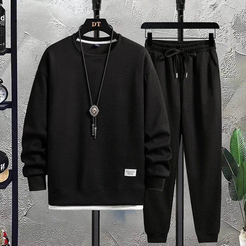 Men's Waffle Suit Sets Casual Long Sleeved Sweatshirt and Pants for Sports Men's T-shirt Hoodie Casual Trousers Set Loose Fit