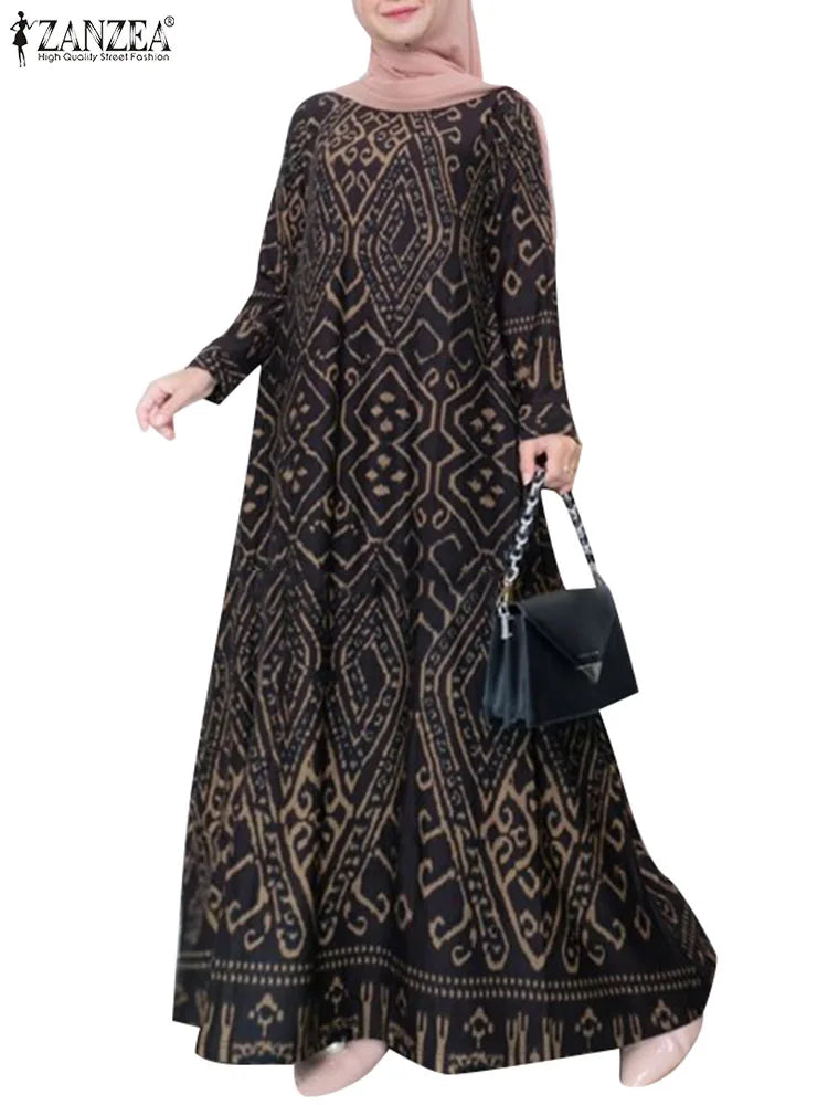 ZANZEA Vintage Printing Maxi Dress Casual Bohemian  Long Sleeve Elegant Women Loose Long Robe