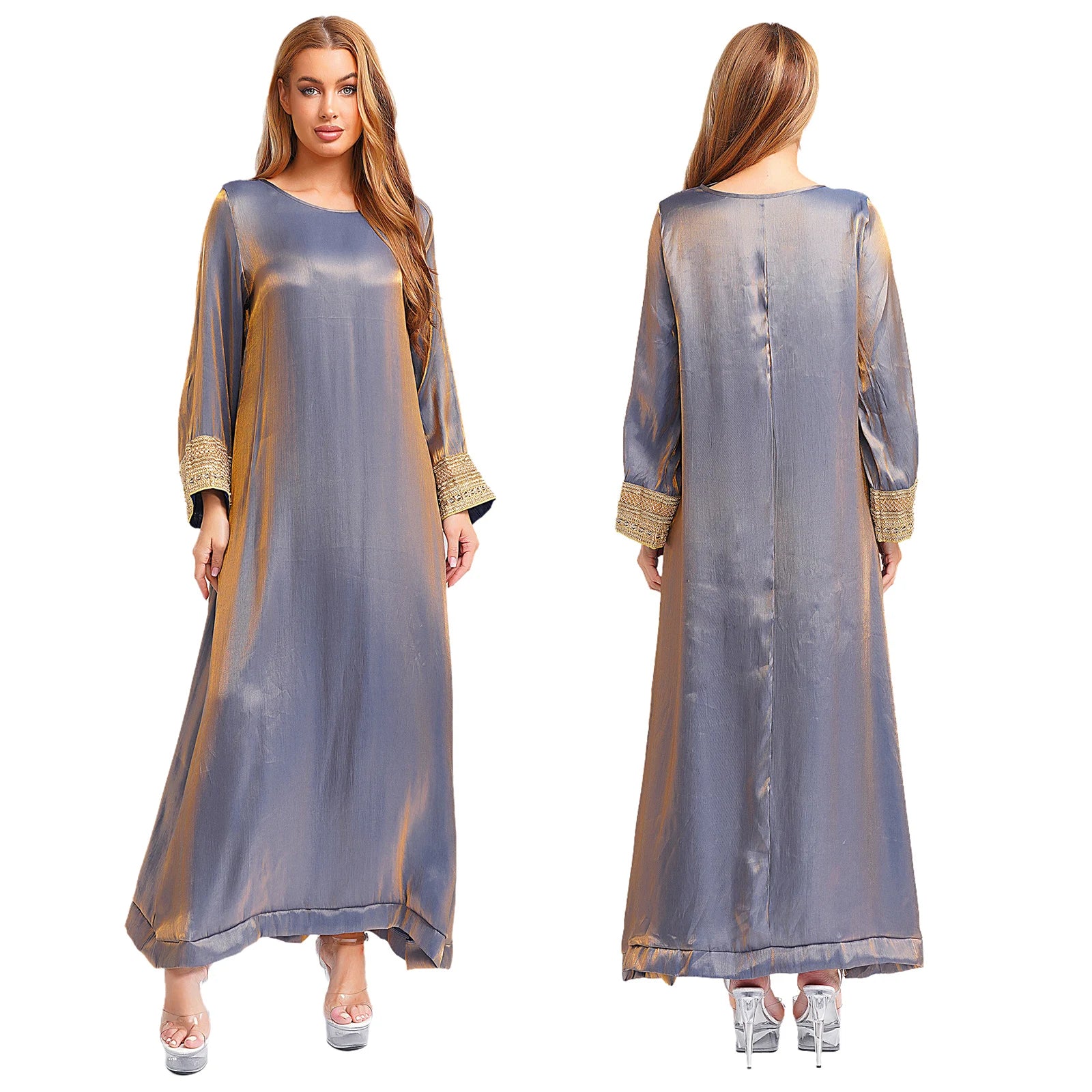 Womens Arabic Abaya Kaftan Dress Long Sleeve Loose Pullover Robe Shiny  Maxi Dress