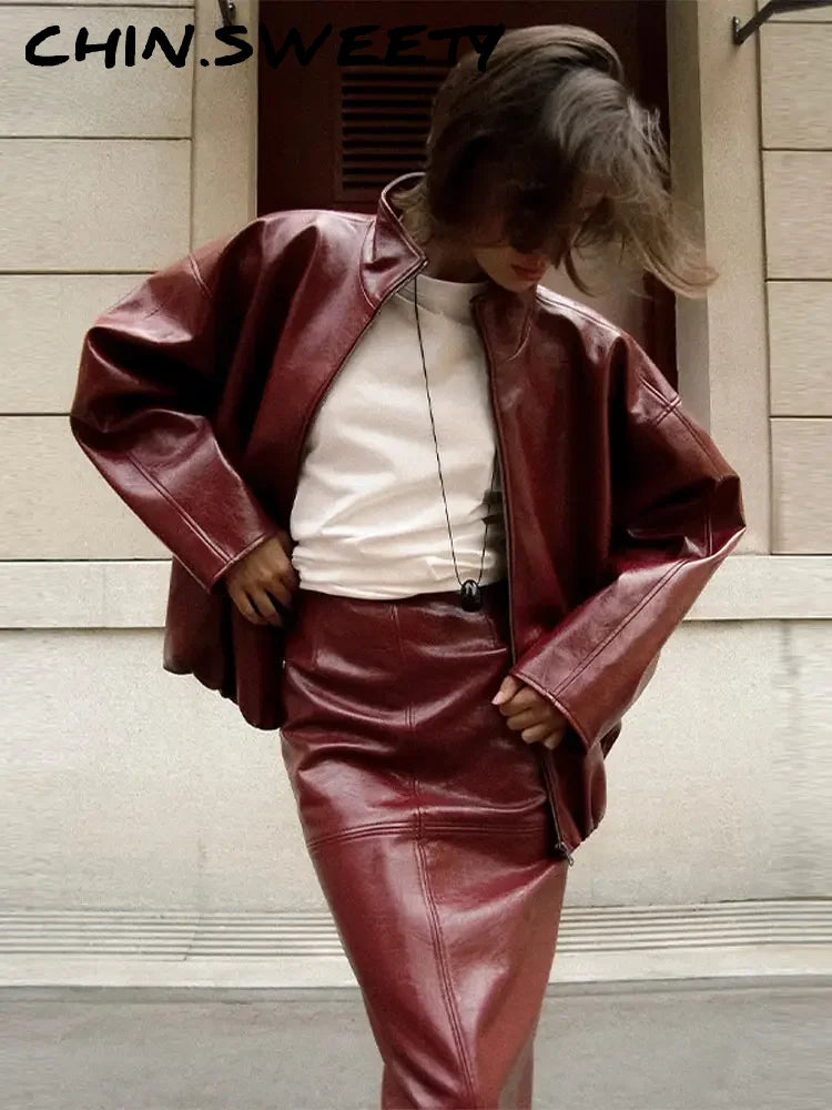 ladies Stylish Leather Solid Jacket Pants Set Women Stand Collar Zipper Coat Loose Trousers Sets Female 2025 Autumn Fashion Streetwears