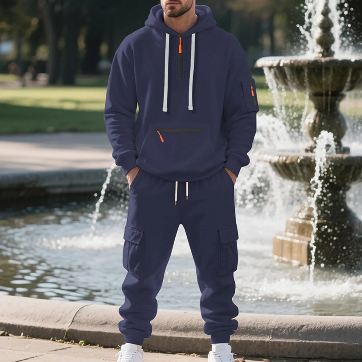 Men's Fleece Hooded Half-Zip Sweatshirt And Loose Sport Pants Set Casual Autumn/Winter Multi-Pocket Fashion Track Suit
