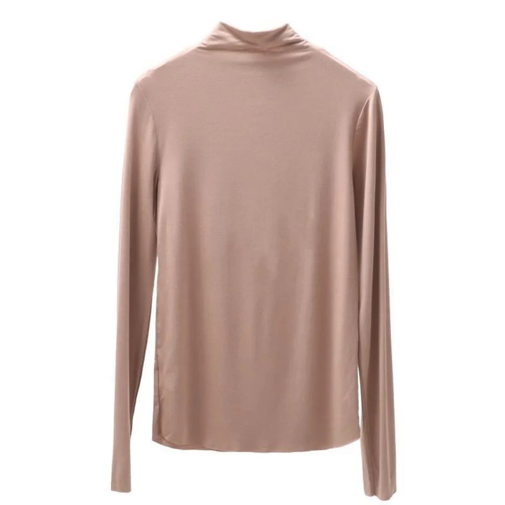 Fall and Winter 2025 New Luxury Clothing Stretch Modal T-Shirt for Women Half-high Collar Slim-fit Solid Color Long Sleeve Top