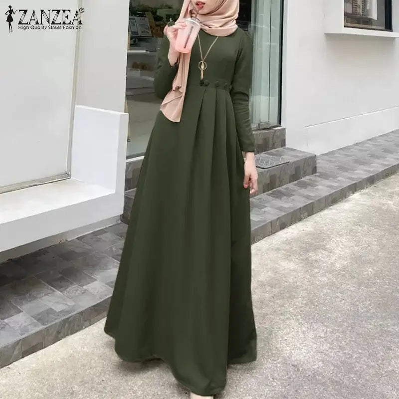 ZANZEA Women's Long Dress Spring Full Sleeve O-Neck Solid Sundress Casual Loose Elegant Robe