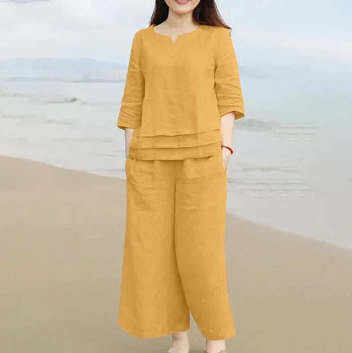 Women Pantsuit Women's 2PCS V Neck Three Quarter Sleeve Top Wide Leg Pants Set with Loose Fit Soft Solid for Comfortable 2025
