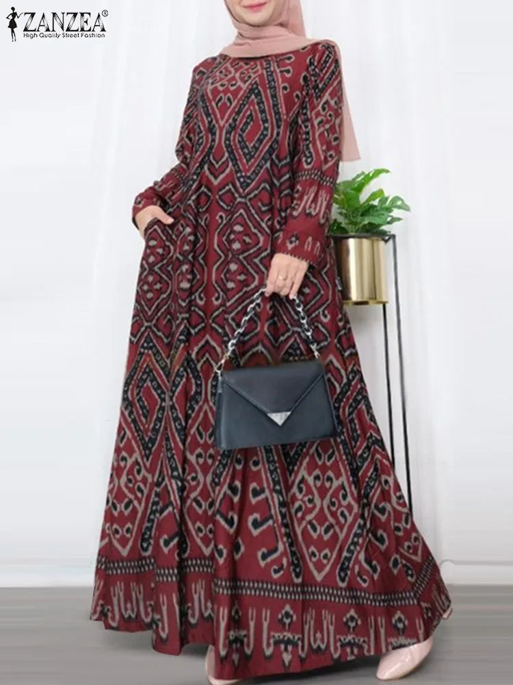 ZANZEA Vintage Printing Maxi Dress Casual Bohemian  Long Sleeve Elegant Women Loose Long Robe