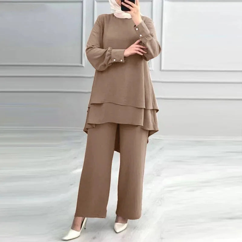 Women 2 Piece Set Blouse Double Top Wide Leg Pants Suit Casual Ensemble  Arab Trousers Outfits
