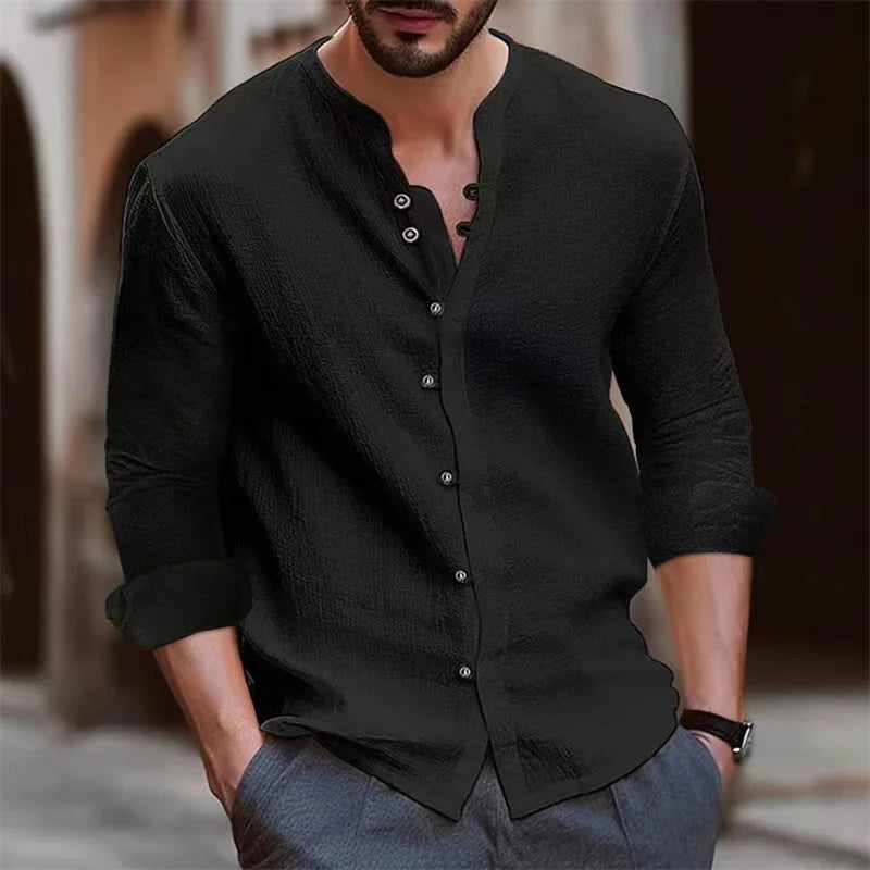 Men's shirts, stand-up collar shirts, fashionable and casual slim fit, solid color men's tops, outdoor shopping clothing S-3XL