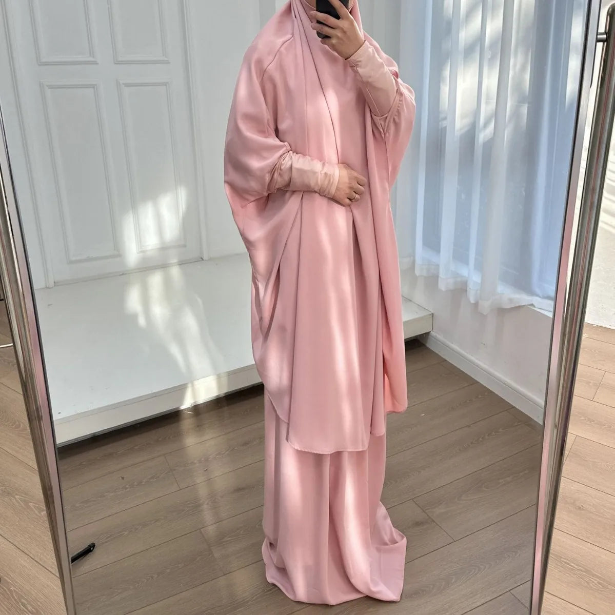2 Piece Set Hooded Abayas and Skirt for Muslim Women Hijab Dresses Eid Ramadam Payer Garment Islamic Clothing Pink Black