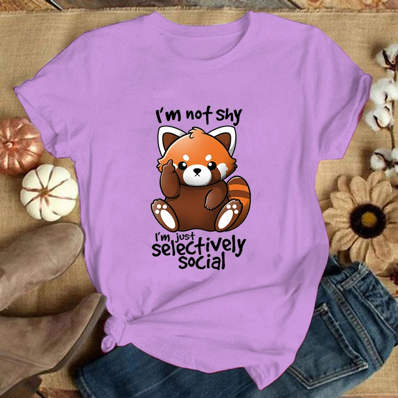 (Premium T-shirt)Panda I'M Not Shy I'M Just Selectively Social Printed T-Shirts Women Short Sleeve Funny Round Neck Tee Shirt