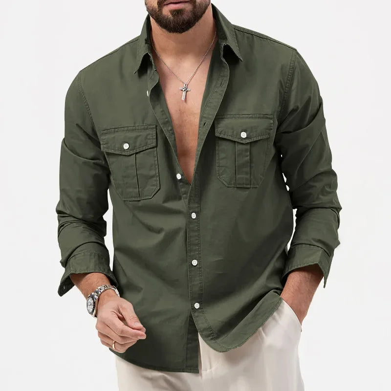 Army Green Tactical Cargo Shirts  Long Sleeve Mens T-Shirt