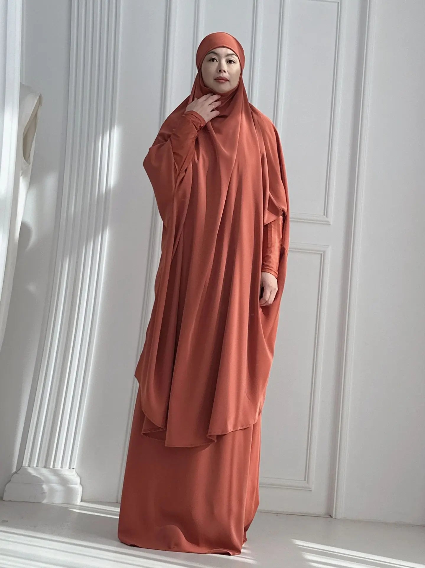 2 Piece Set Hooded Abayas and Skirt for Muslim Women Hijab Dresses Eid Ramadam Payer Garment Islamic Clothing Pink Black