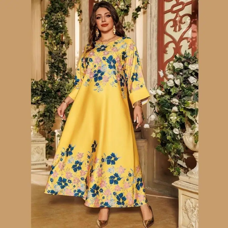 Women Kaftan Dress Flower Print Islamic Kaftan Dress Middle Eastern Robe Dress