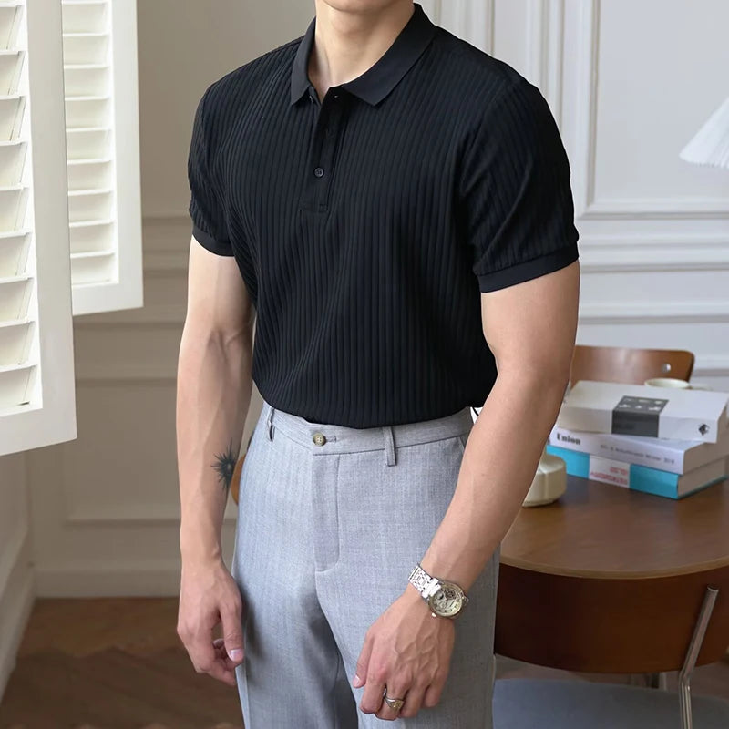 Vertical Stripe Knit Polo Men's Shirts Summer New Slim Breathable Turn-Down Collar Business Short Sleeve Polo Tops