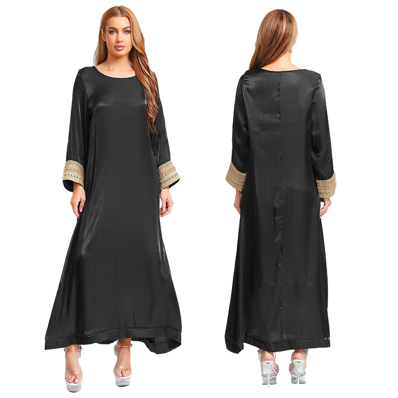 Womens Arabic Abaya Kaftan Dress Long Sleeve Loose Pullover Robe Shiny  Maxi Dress