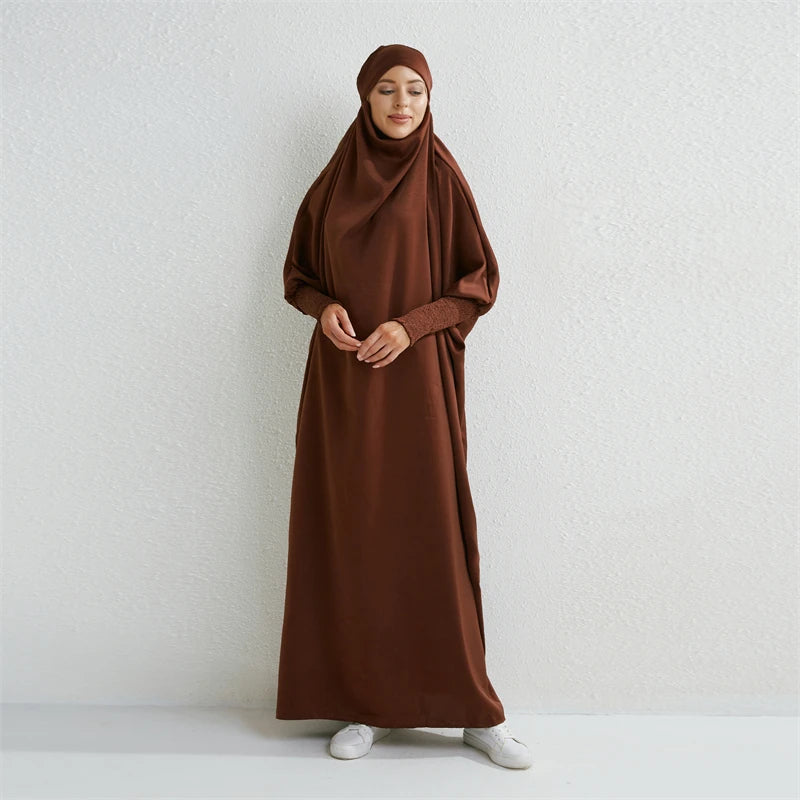 Abaya Hooded Smocking Sleeve One-piece Prayer Dress Women Jilbab  Clothing Dubai Saudi Black Robe Turkish Modesty