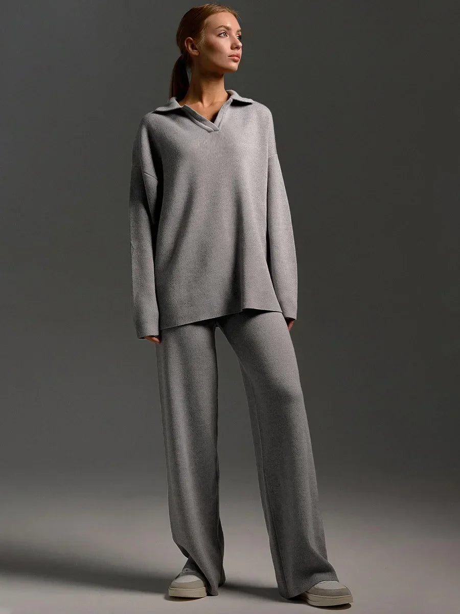 Bornladies Winter Thick Women Knitted Suits Soft 2 Pieces Sets  Polo Neck Sweater & Wide Leg Pants Knitted Outfit