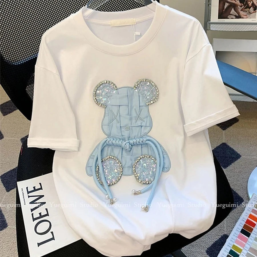 Luxury Embroidery Bear Diamond T Shirts Cute Cartoon Summer Tee Tops High Quality Cotton Short Sleeve Kawaii Clothes Korea