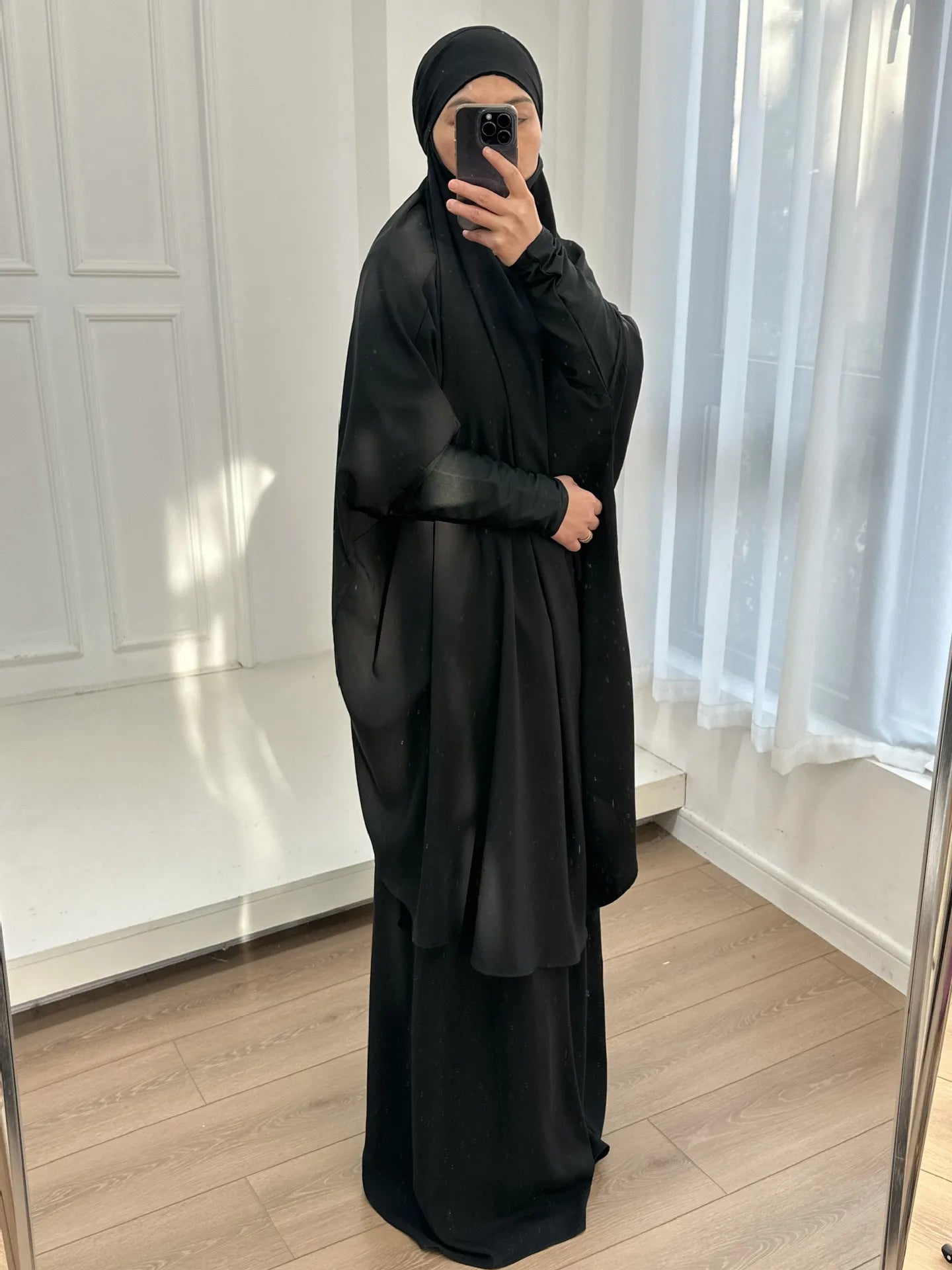 2 Piece Set Hooded Abayas and Skirt for Muslim Women Hijab Dresses Eid Ramadam Payer Garment Islamic Clothing Pink Black