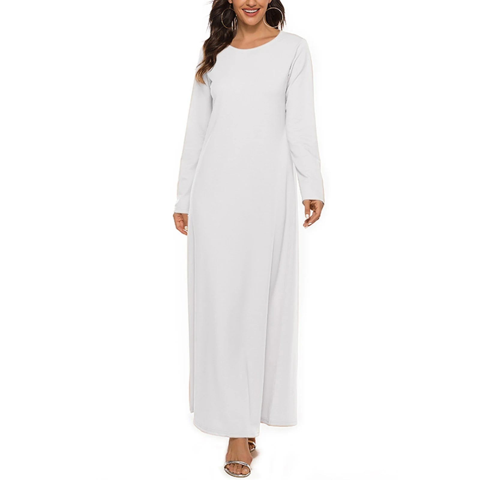 Women Solid Color  Arabian Dress Round Neck Sleeve  Long Robes Loose Basic Dress for Casual Wear