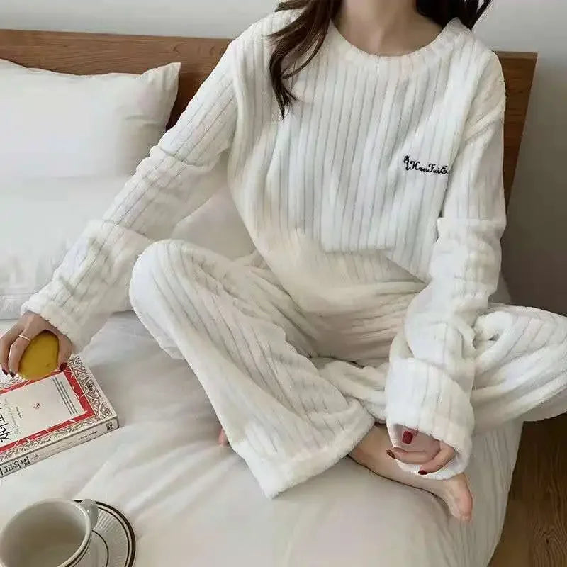 Women Coral Fleece Pajama Set Warm Round NeckSleepwear Cozy Loungewear Outfit