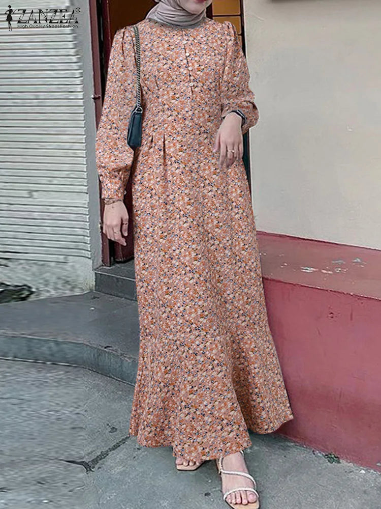 Women Bohemian Floral Printed  Dress Autumn Sundress ZANZEA Fashion Long Sleeve Casual Abaya